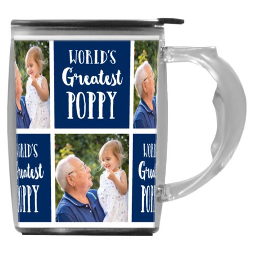 Custom mug with handle personalized with a photo and the saying "World's Greatest Poppy" in navy blue and white