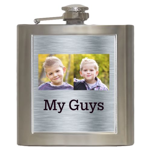 Personalized 6oz flask personalized with steel industrial pattern and photo and the saying "My Guys"