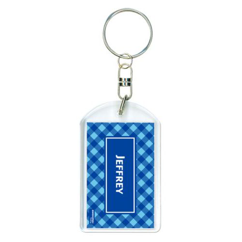 Personalized plastic keychain personalized with check pattern and name in ultramarine