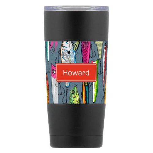 Personalized insulated steel mug personalized with fishing lures pattern and name in strong red
