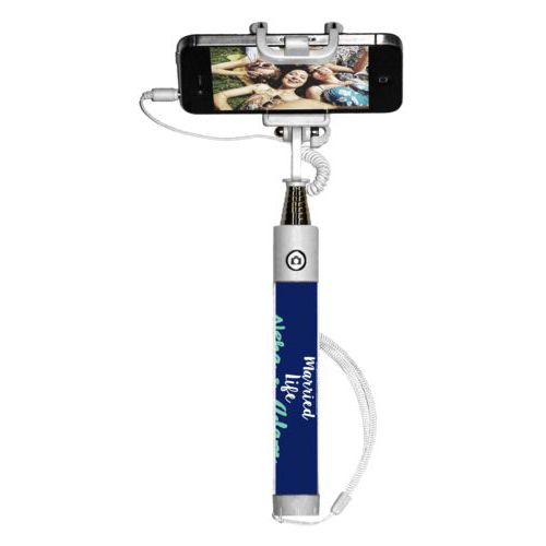 Personalized selfie stick personalized with the sayings "Neha & Adam" and "living that married life"