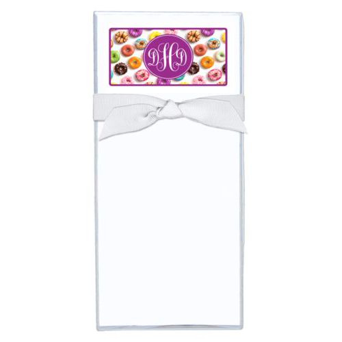 Personalized note sheets personalized with donuts pattern and monogram in eggplant