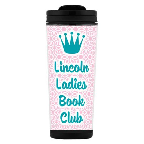 Custom tall coffee mug personalized with lattice pattern and the sayings "Lincoln Ladies Book Club" and "Crown"