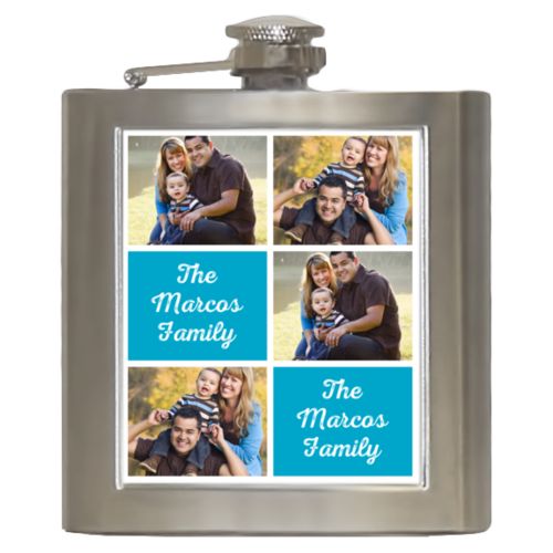 Personalized 6oz flask personalized with photos and the saying "The Marcos Family" in juicy blue and white