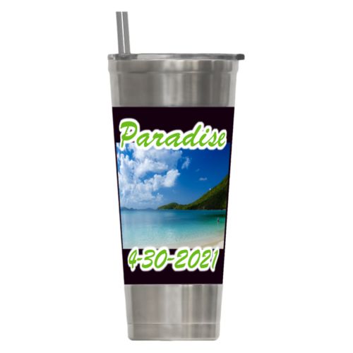 Personalized insulated steel tumbler personalized with photo and the sayings "Paradise" and "4-30-2021"