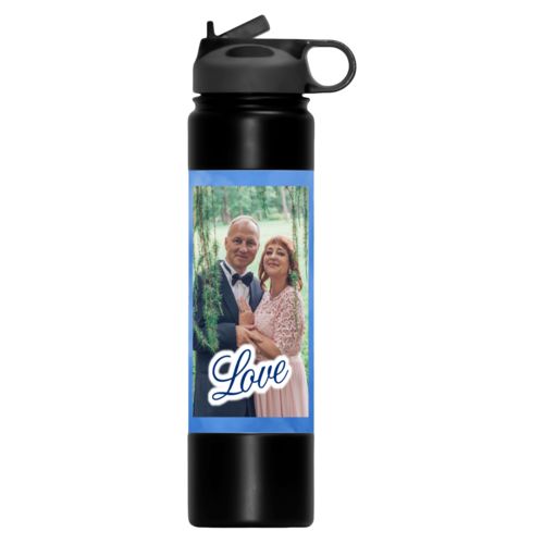 Personalized water bottle personalized with blue cloud pattern and photo and the saying "love"