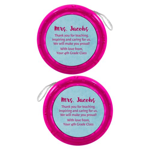 Personalized yoyo personalized with teal chalk pattern and the saying "Mrs. Jacobs Thank you for teaching, inspiring and caring for us. We will make you proud! With love from, Your 4th Grade Class"