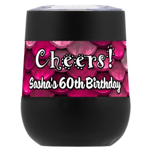Personalized insulated wine tumbler personalized with pink mermaid pattern and the saying "Cheers! Sasha's 60th Birthday"