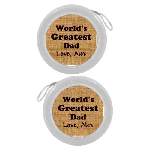 Personalized yoyo personalized with burlap industrial pattern and the saying "World's Greatest Dad Love, Alex"