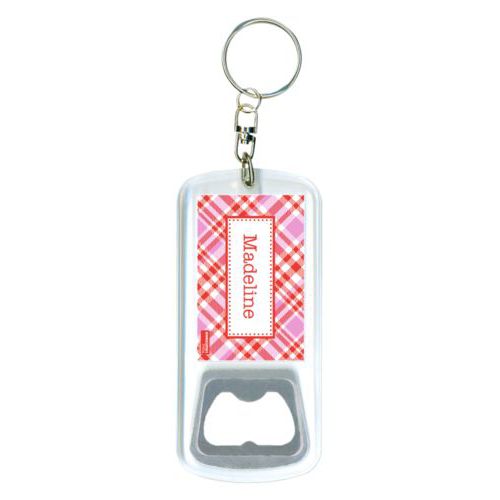Personalized bottle opener personalized with tartan pattern and name in red punch and thistle