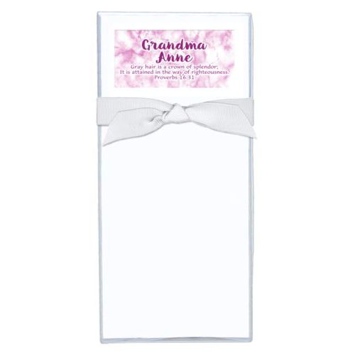 Personalized note sheets personalized with pink marble pattern and the saying "Grandma Anne Gray hair is a crown of splendor; It is attained in the way of righteousness. Proverbs 16:31"