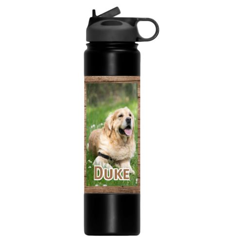 Insulated water bottle personalized with brown wood pattern and photo and the saying "Duke"