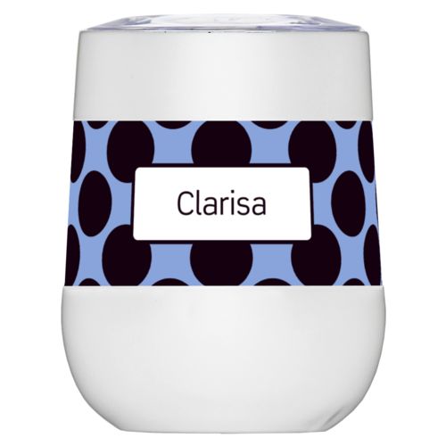 Personalized insulated wine tumbler personalized with dots pattern and name in black and serenity blue