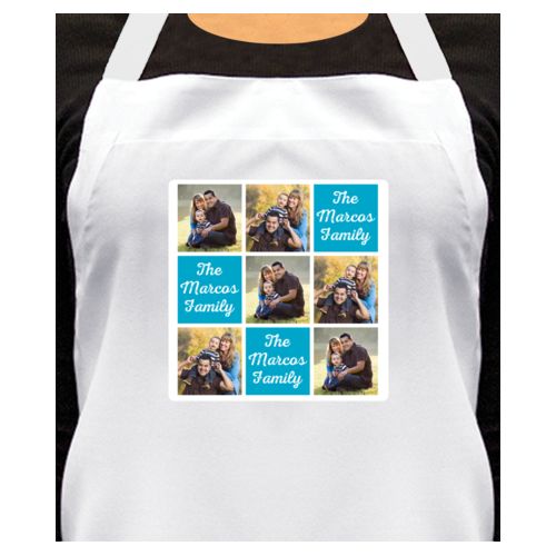 Personalized apron personalized with photos and the saying "The Marcos Family" in juicy blue and white