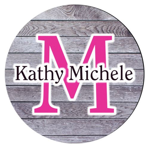 Personalized coaster personalized with grey wood pattern and the sayings "M" and "Kathy Michele"