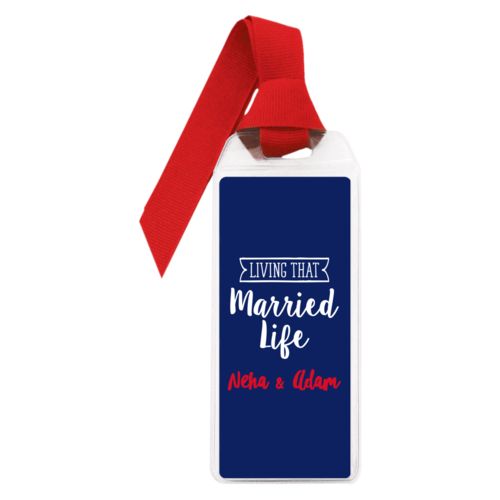 Personalized book mark personalized with the sayings "Neha & Adam" and "living that married life"