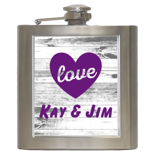 Personalized 6oz flask personalized with white rustic pattern and the sayings "love" and "Kay & Jim"