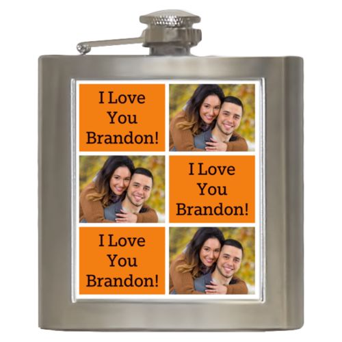 Personalized 6oz flask personalized with a photo and the saying "I Love You Brandon!" in black and juicy orange