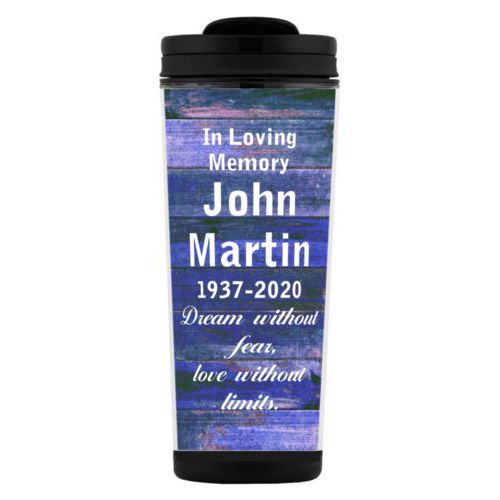 Custom tall coffee mug personalized with royal rustic pattern and the saying "In Loving Memory John Martin 1937-2020 Dream without fear, love without limits."