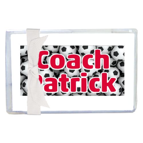 Personalized enclosure cards personalized with soccer balls pattern and the saying "Coach Patrick"