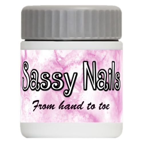 Personalized 12oz food jar personalized with pink marble pattern and the sayings "Sassy Nails" and "From hand to toe"