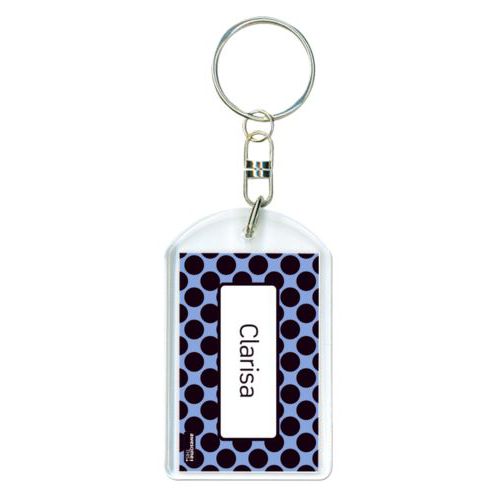 Personalized plastic keychain personalized with dots pattern and name in black and serenity blue