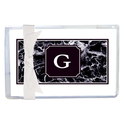 Personalized enclosure cards personalized with onyx pattern and initial in black licorice