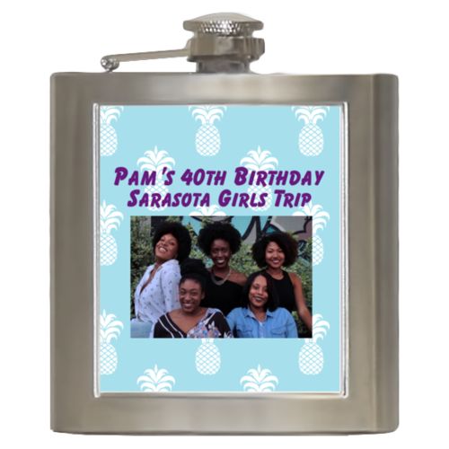 Personalized 6oz flask personalized with welcome pattern and photo and the saying "Pam's 40th Birthday Sarasota Girls Trip"