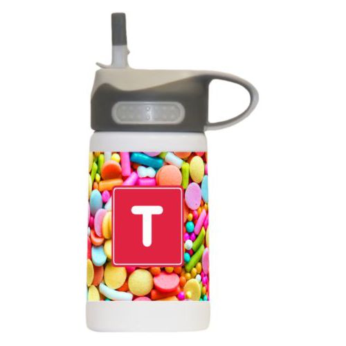 Boys water bottle personalized with sweets sweet pattern and initial in red