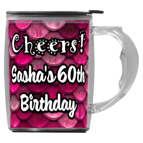 Custom mug with handle personalized with pink mermaid pattern and the saying "Cheers! Sasha's 60th Birthday"