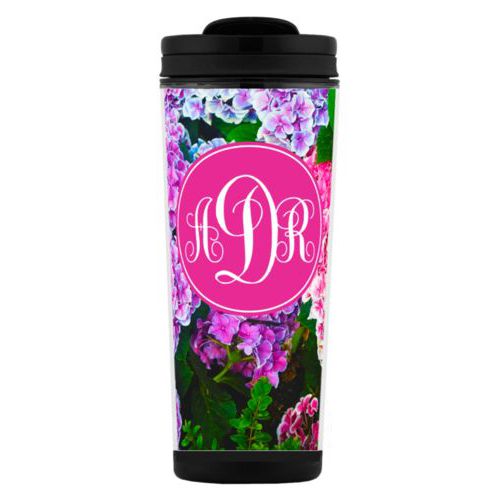 Custom tall coffee mug personalized with hydrangea pattern and monogram in pink
