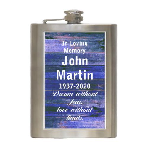 Personalized 8oz flask personalized with royal rustic pattern and the saying "In Loving Memory John Martin 1937-2020 Dream without fear, love without limits."