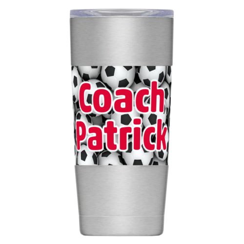Personalized insulated steel mug personalized with soccer balls pattern and the saying "Coach Patrick"