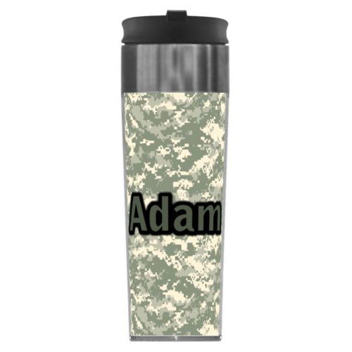 Personalized steel mug personalized with army camo pattern and the saying "Adam"