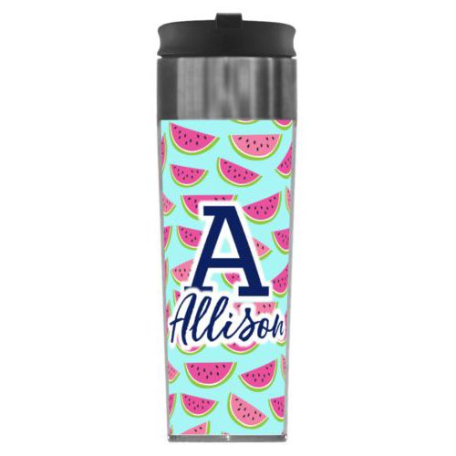 Personalized steel mug personalized with fruit watermelon pattern and the sayings "A" and "Allison"