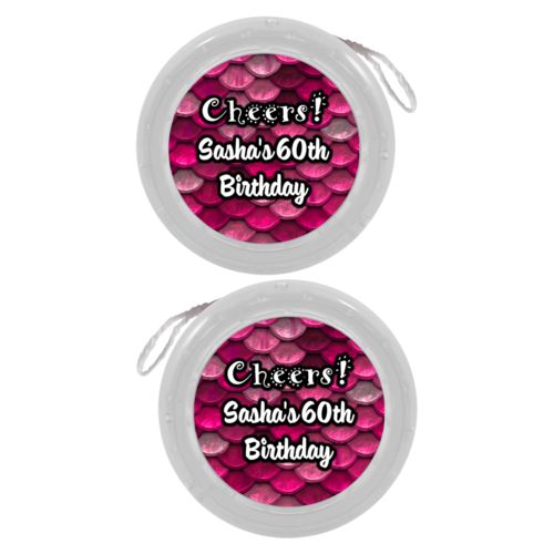 Personalized yoyo personalized with pink mermaid pattern and the saying "Cheers! Sasha's 60th Birthday"