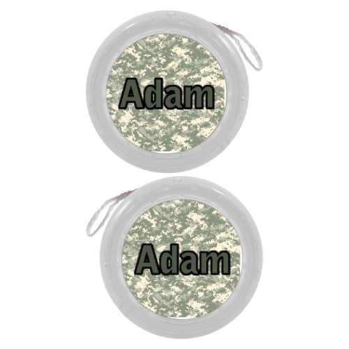 Personalized yoyo personalized with army camo pattern and the saying "Adam"