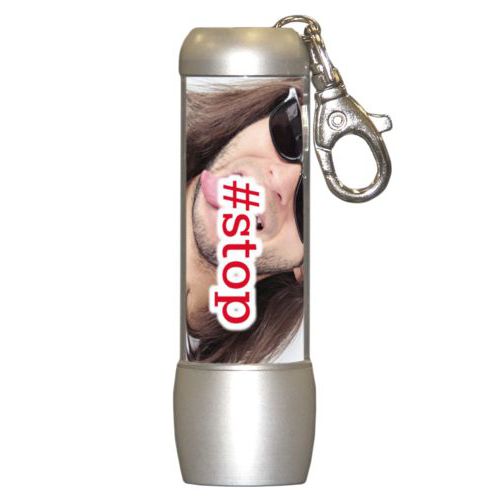 Personalized flashlight personalized with photo and the saying "#stop"