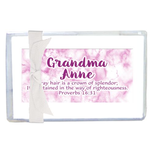 Personalized enclosure cards personalized with pink marble pattern and the saying "Grandma Anne Gray hair is a crown of splendor; It is attained in the way of righteousness. Proverbs 16:31"