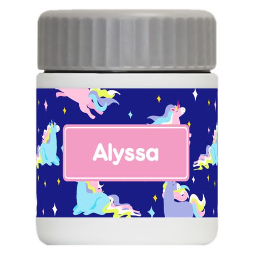 Personalized 12oz food jar personalized with animals unicorn pattern and name in pink