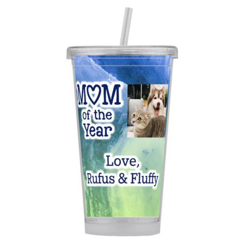 Personalized tumbler personalized with ombre quartz pattern and photo and the sayings "Mom of the Year" and "Love, Rufus & Fluffy"