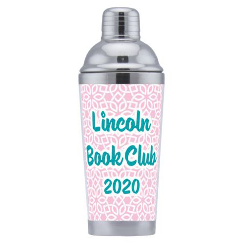 Coctail shaker personalized with lattice pattern and the saying "Lincoln Book Club 2020"