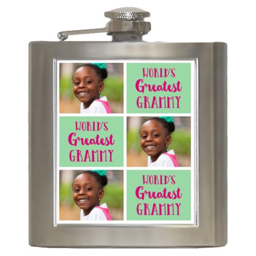Personalized 6oz flask personalized with a photo and the saying "World's Greatest Grammy" in pomegranate and spearmint