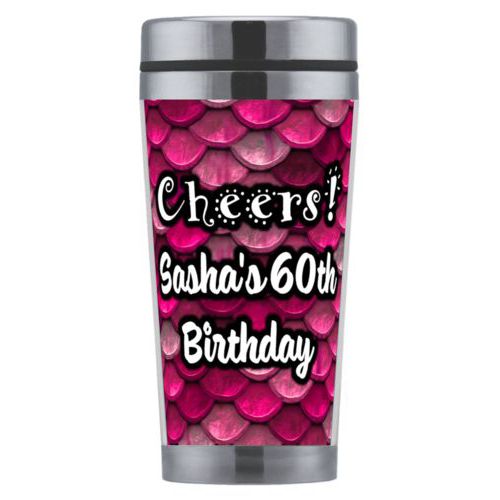 Personalized coffee mug personalized with pink mermaid pattern and the saying "Cheers! Sasha's 60th Birthday"