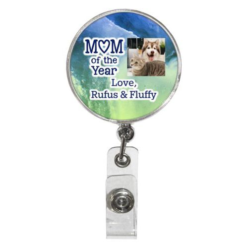 Personalized badge reel personalized with ombre quartz pattern and photo and the sayings "Mom of the Year" and "Love, Rufus & Fluffy"