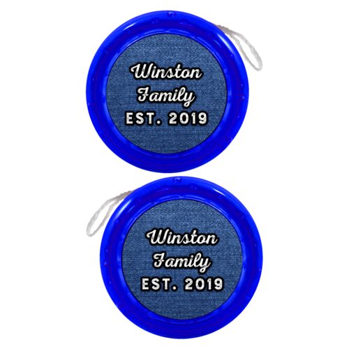 Personalized yoyo personalized with denim industrial pattern and the saying "Winston Family Est. 2019"