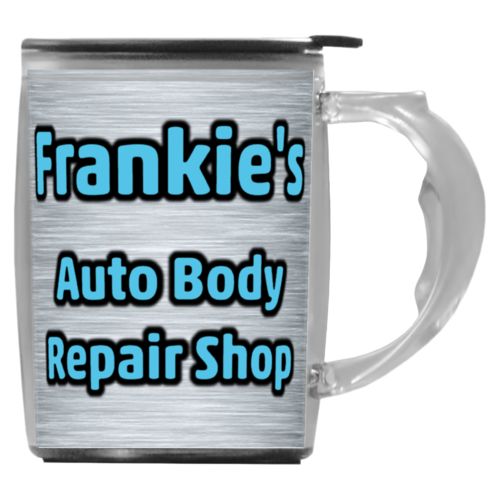Custom mug with handle personalized with steel industrial pattern and the saying "Frankie's Auto Body Repair Shop"
