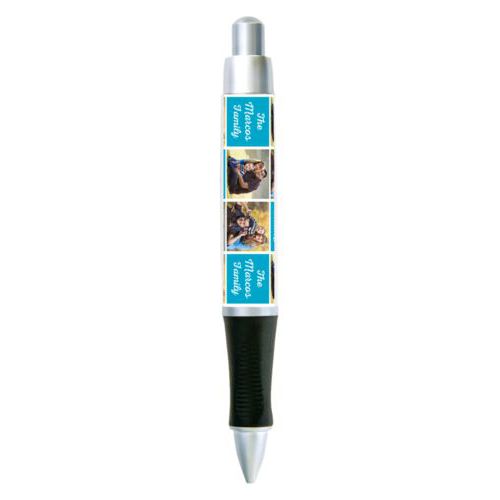 Personalized pen personalized with photos and the saying "The Marcos Family" in juicy blue and white