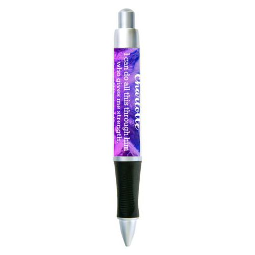 Personalized pen personalized with ombre amethyst pattern and the saying "Charlotte I can do all this through him who gives me strength. Philippians 4:13"
