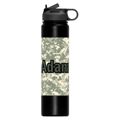 Custom stainless steel water bottle personalized with army camo pattern and the saying "Adam"